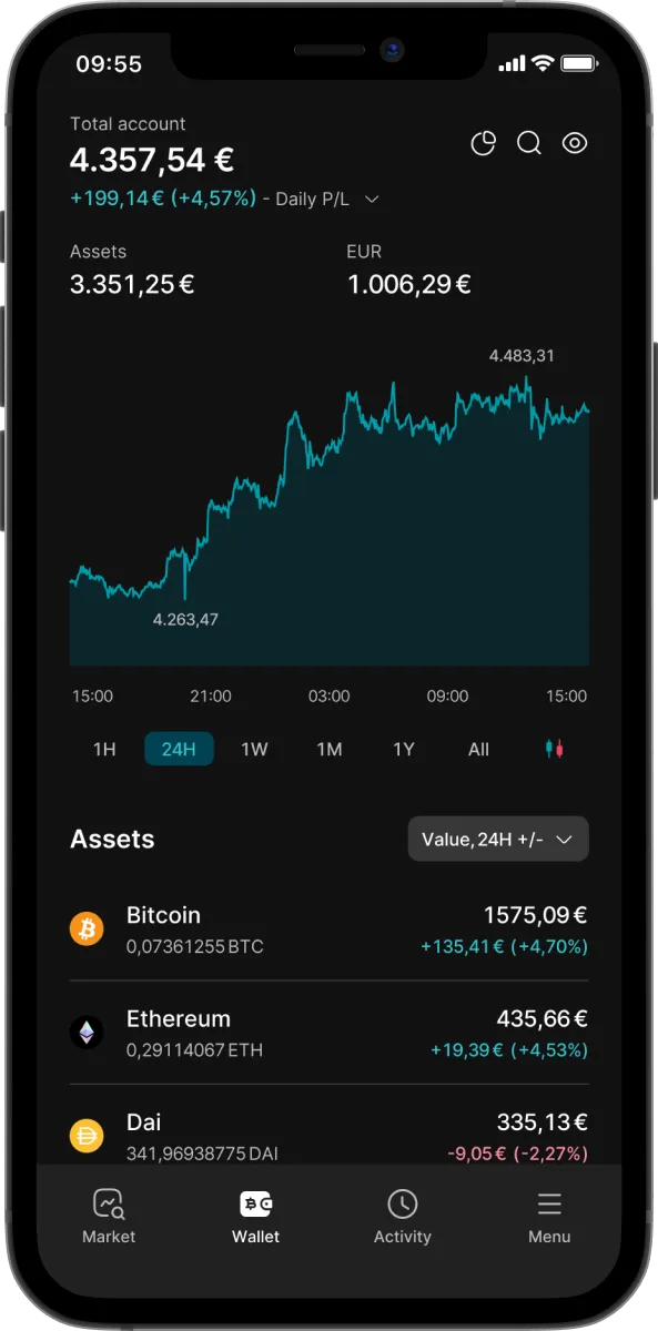 Portfolio-Ansicht der Finst-App im dunklen Design