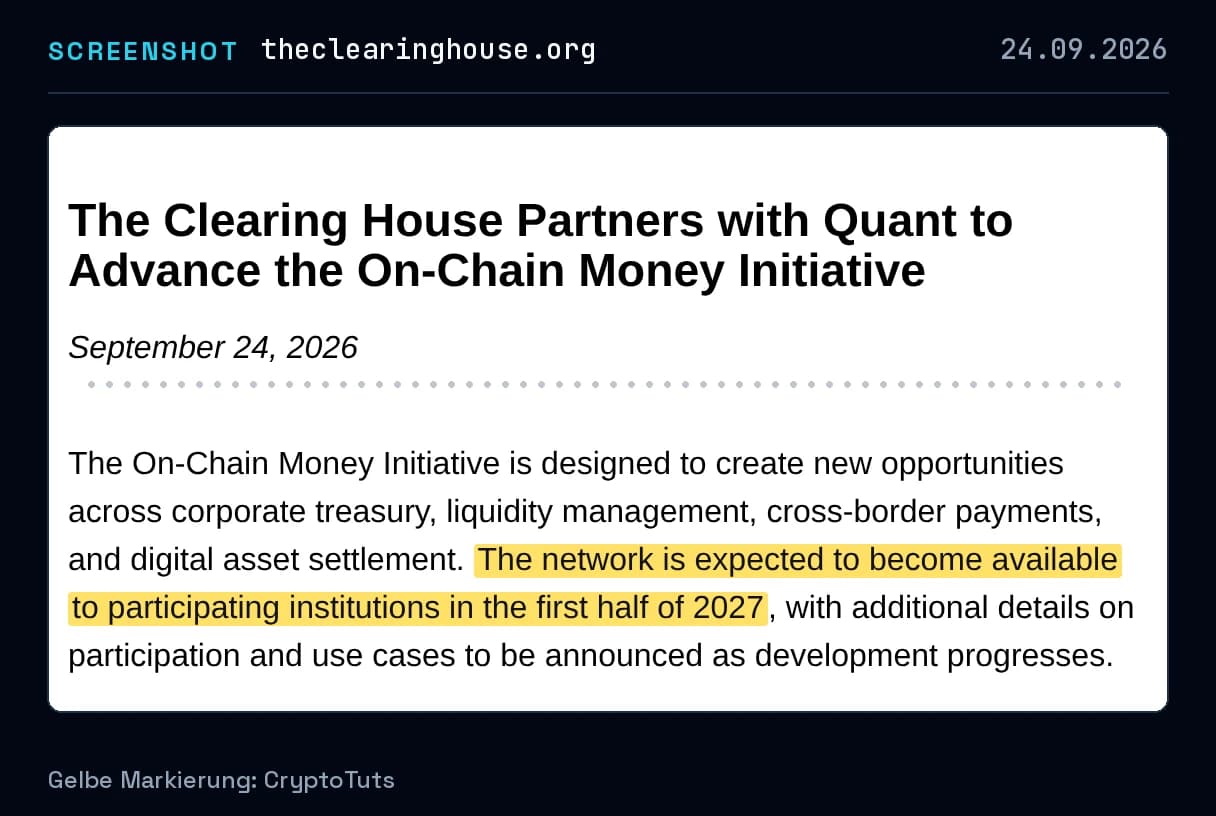 Screenshot der Pressemitteilung von The Clearing House mit gelb markierter Passage: „The network is expected to become available to participating institutions in the first half of 2027“