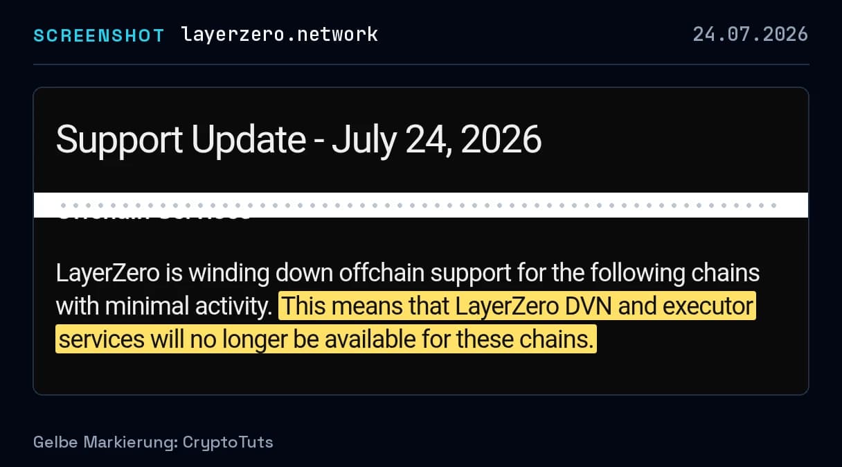 Screenshot der Mitteilung von LayerZero mit gelb markierter Passage: „This means that LayerZero DVN and executor services will no longer be available for these chains.“