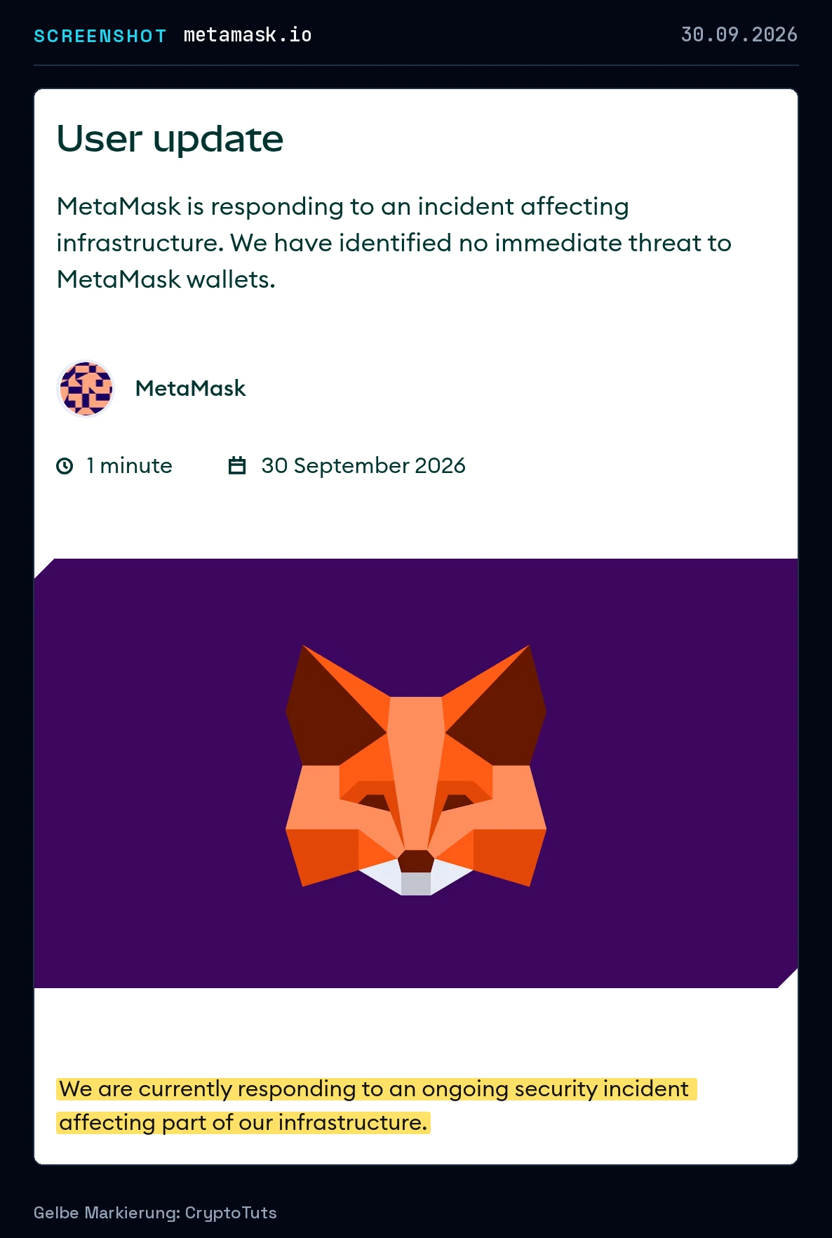 Screenshot der Mitteilung von MetaMask mit gelb markierter Passage: „We are currently responding to an ongoing security incident affecting part of our infrastructure.“