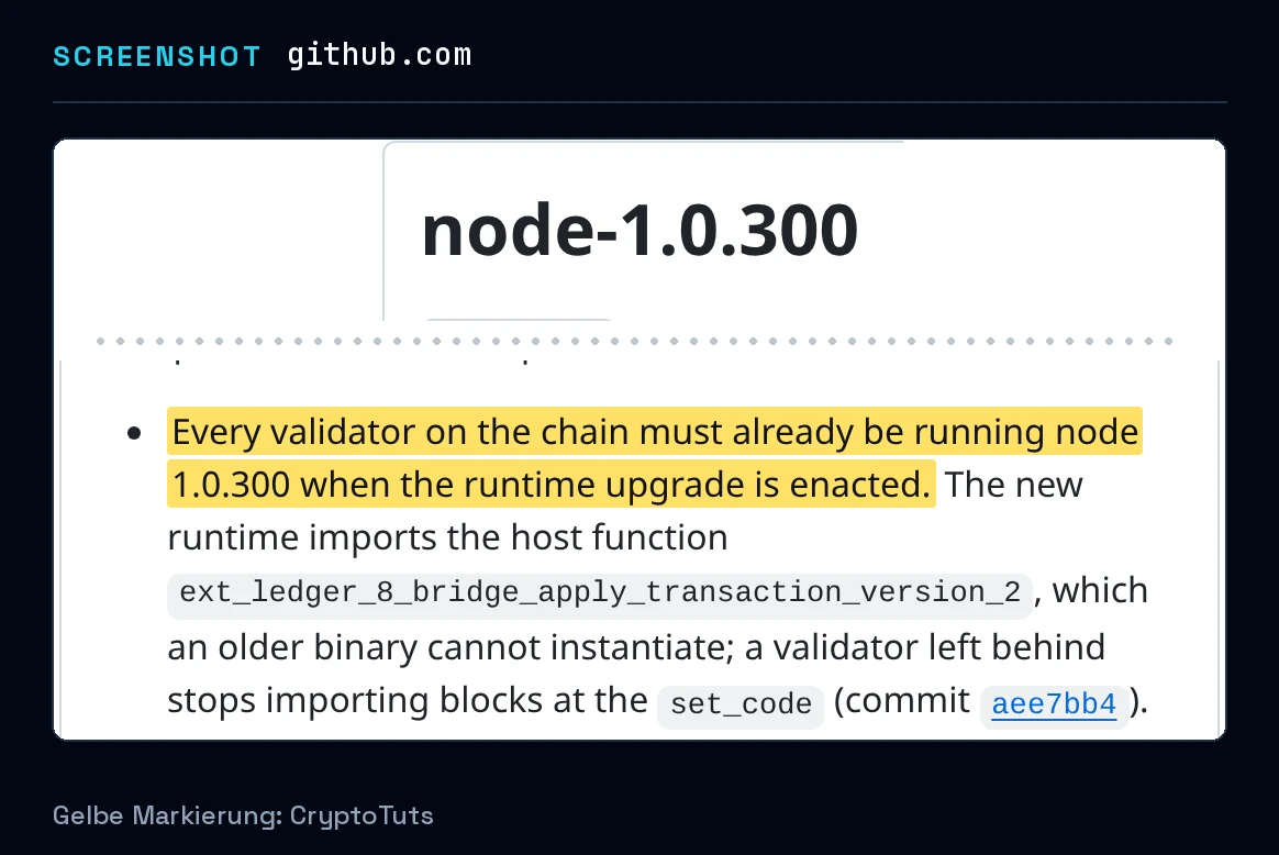 Screenshot der Versionshinweise von midnightntwrk mit gelb markierter Passage: „Every validator on the chain must already be running node 1.0.300 when the runtime upgrade is enacted.“