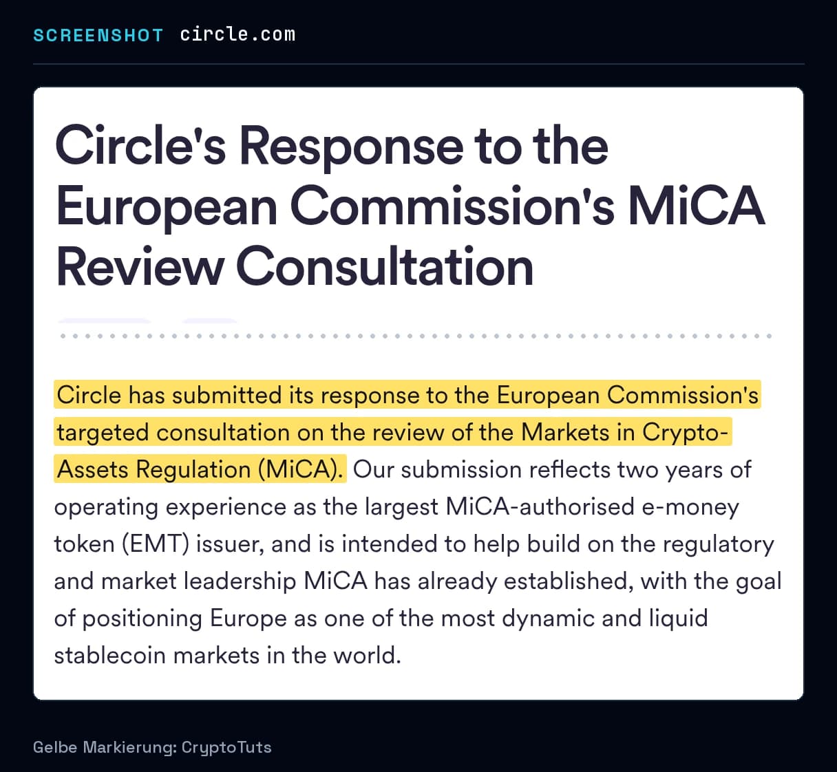 Screenshot der Blogbeitrag von Circle mit gelb markierter Passage: „Circle has submitted its response to the European Commission's targeted consultation on the review of the Markets in Crypto-Assets Regulation (MiCA).“