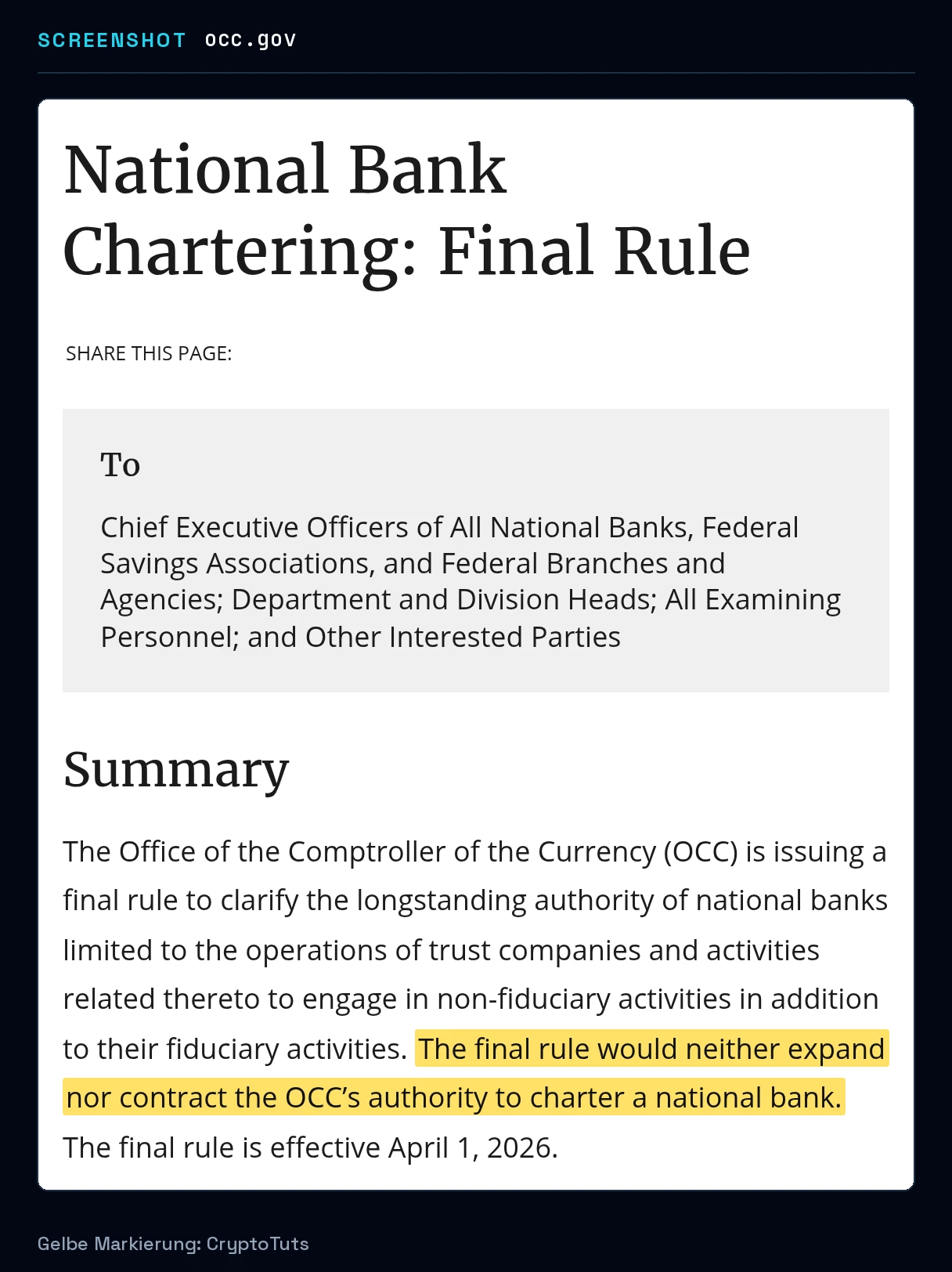 Screenshot der Mitteilung von Office of the Comptroller of the Currency mit gelb markierter Passage: „The final rule would neither expand nor contract the OCC’s authority to charter a national bank.“