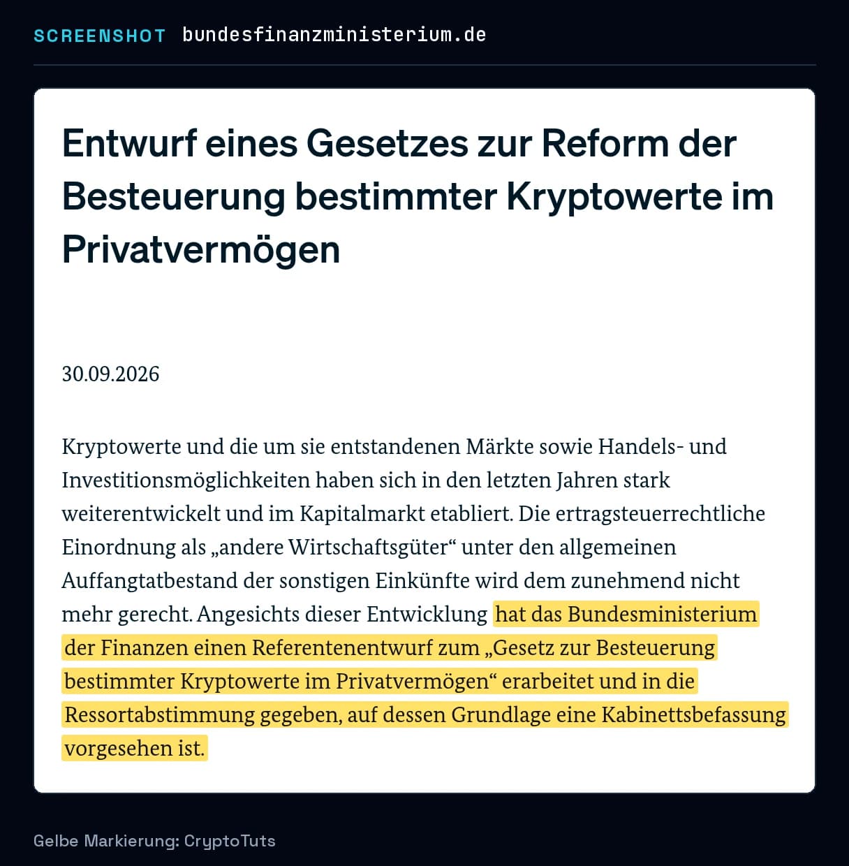 Screenshot der Mitteilung von Bundesministerium der Finanzen mit gelb markierter Passage: „hat das Bundesministerium der Finanzen einen Referentenentwurf zum „Gesetz zur Besteuerung bestimmter Kryptowerte im Privatvermögen“ erarbeitet und in die …“