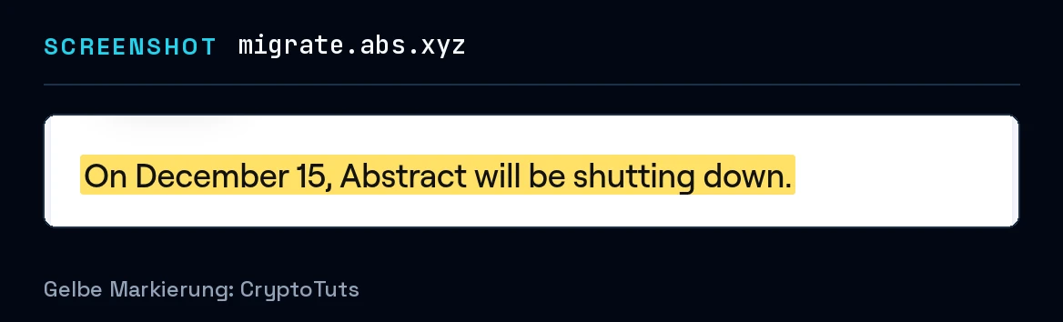 Screenshot der Mitteilung von Abstract Migration mit gelb markierter Passage: „On December 15, Abstract will be shutting down.“