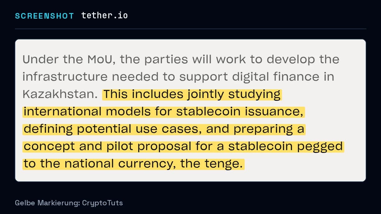 Screenshot der Pressemitteilung von Tether mit gelb markierter Passage: „This includes jointly studying international models for stablecoin issuance, defining potential use cases, and preparing a concept and pilot proposal for a …“