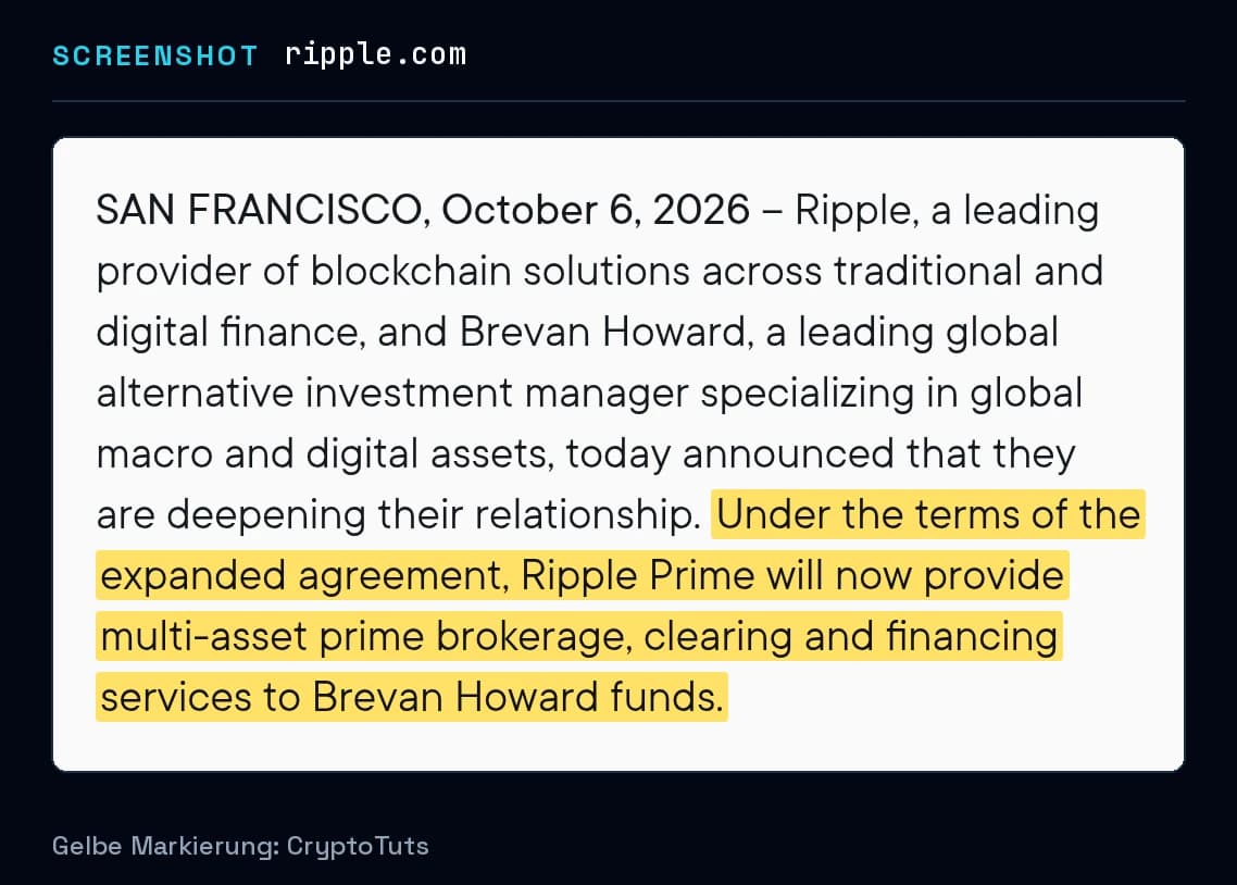 Screenshot der Pressemitteilung von Ripple mit gelb markierter Passage: „Under the terms of the expanded agreement, Ripple Prime will now provide multi-asset prime brokerage, clearing and financing services to Brevan Howard funds.“