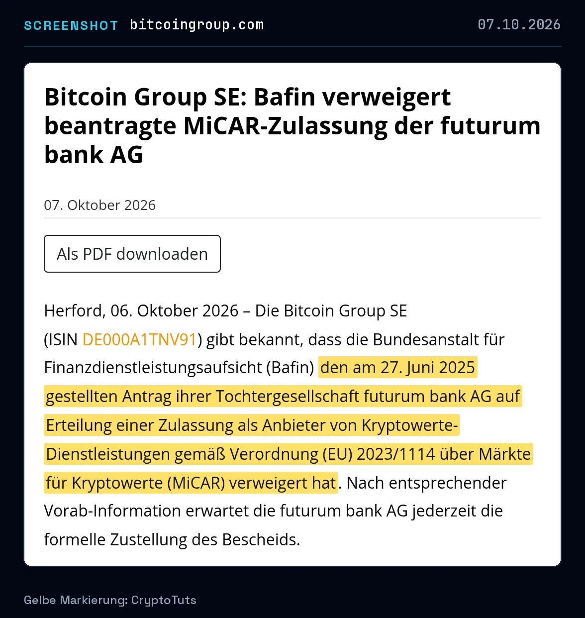 Screenshot der Ad-hoc-Mitteilung von Bitcoin Group SE mit gelb markierter Passage: „den am 27. Juni 2025 gestellten Antrag ihrer Tochtergesellschaft futurum bank AG auf Erteilung einer Zulassung als Anbieter von Kryptowerte-Dienstleistungen …“