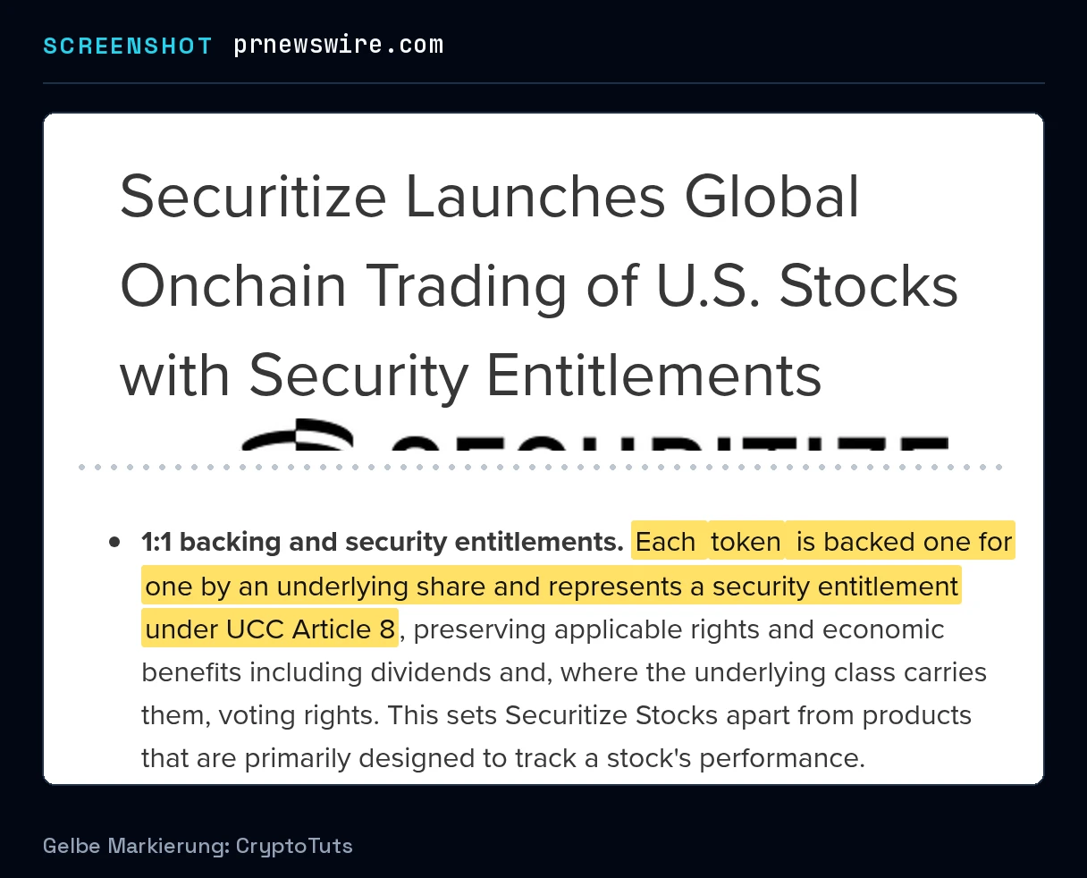 Screenshot der Pressemitteilung von Securitize mit gelb markierter Passage: „Each token is backed one for one by an underlying share and represents a security entitlement under UCC Article 8“