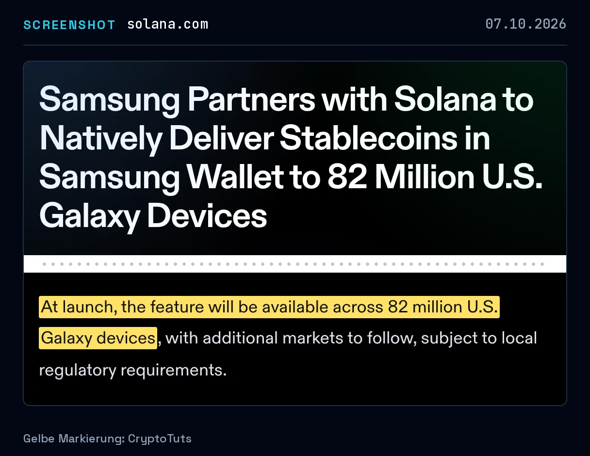 Screenshot der Pressemitteilung von Solana Media mit gelb markierter Passage: „At launch, the feature will be available across 82 million U.S. Galaxy devices“