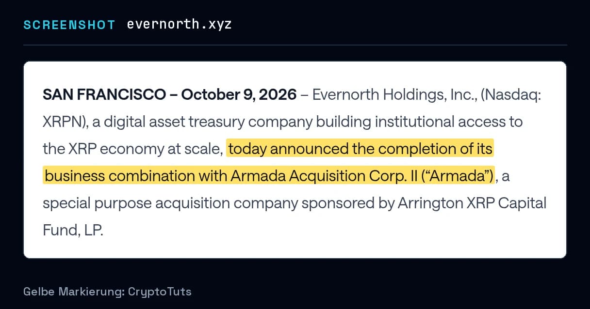 Screenshot der Pressemitteilung von Evernorth mit gelb markierter Passage: „today announced the completion of its business combination with Armada Acquisition Corp. II (“Armada”)“