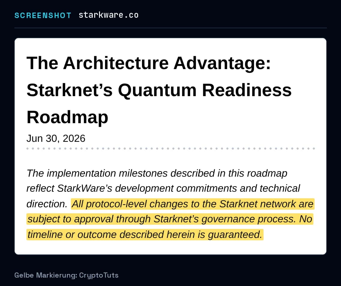 Screenshot der Blogbeitrag von StarkWare mit gelb markierter Passage: „All protocol-level changes to the Starknet network are subject to approval through Starknet’s governance process. No timeline or outcome described herein is …“