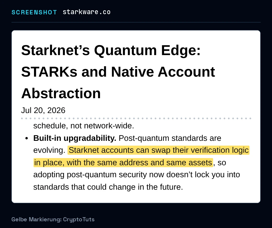 Screenshot der Blogbeitrag von StarkWare mit gelb markierter Passage: „Starknet accounts can swap their verification logic in place, with the same address and same assets“
