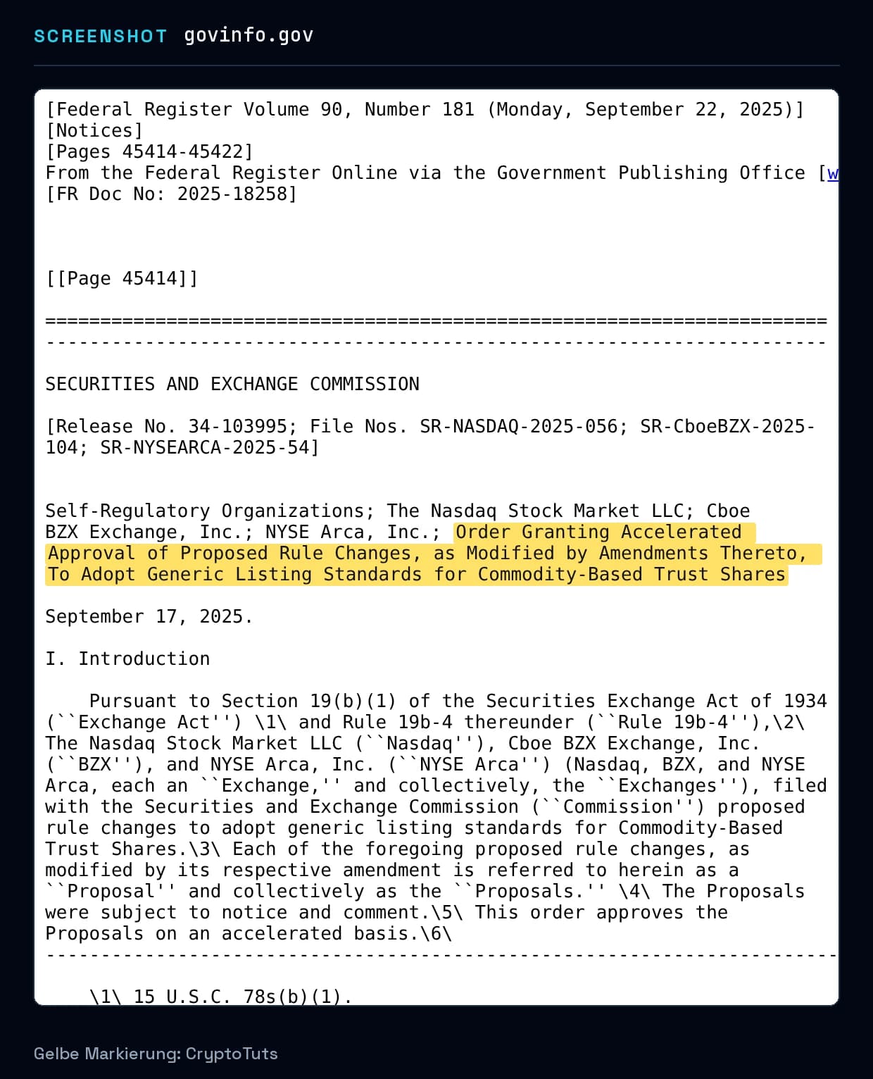 Screenshot der Verfügung von Securities and Exchange Commission mit gelb markierter Passage: „Order Granting Accelerated Approval of Proposed Rule Changes, as Modified by Amendments Thereto, To Adopt Generic Listing Standards for Commodity-Based …“