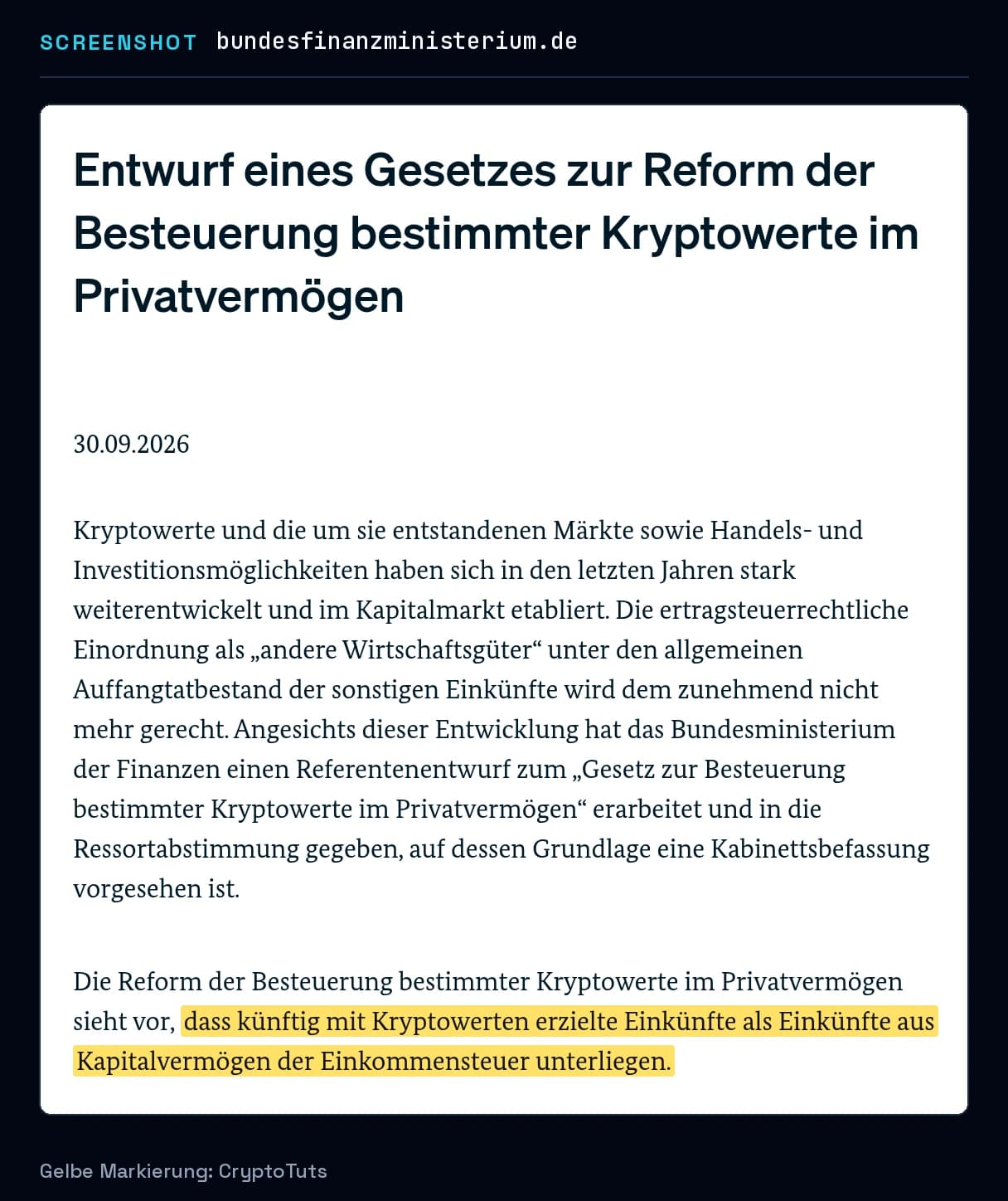 Screenshot der Gesetzentwurf von Bundesministerium der Finanzen mit gelb markierter Passage: „dass künftig mit Kryptowerten erzielte Einkünfte als Einkünfte aus Kapitalvermögen der Einkommensteuer unterliegen.“