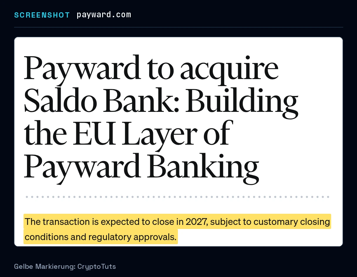 Screenshot der Pressemitteilung von Payward mit gelb markierter Passage: „The transaction is expected to close in 2027, subject to customary closing conditions and regulatory approvals.“