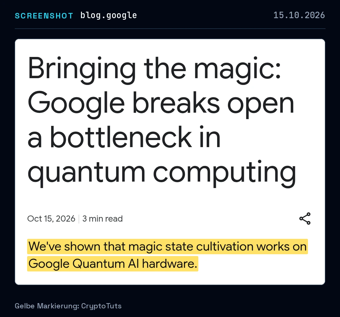 Screenshot der Blogbeitrag von Google mit gelb markierter Passage: „We've shown that magic state cultivation works on Google Quantum AI hardware.“