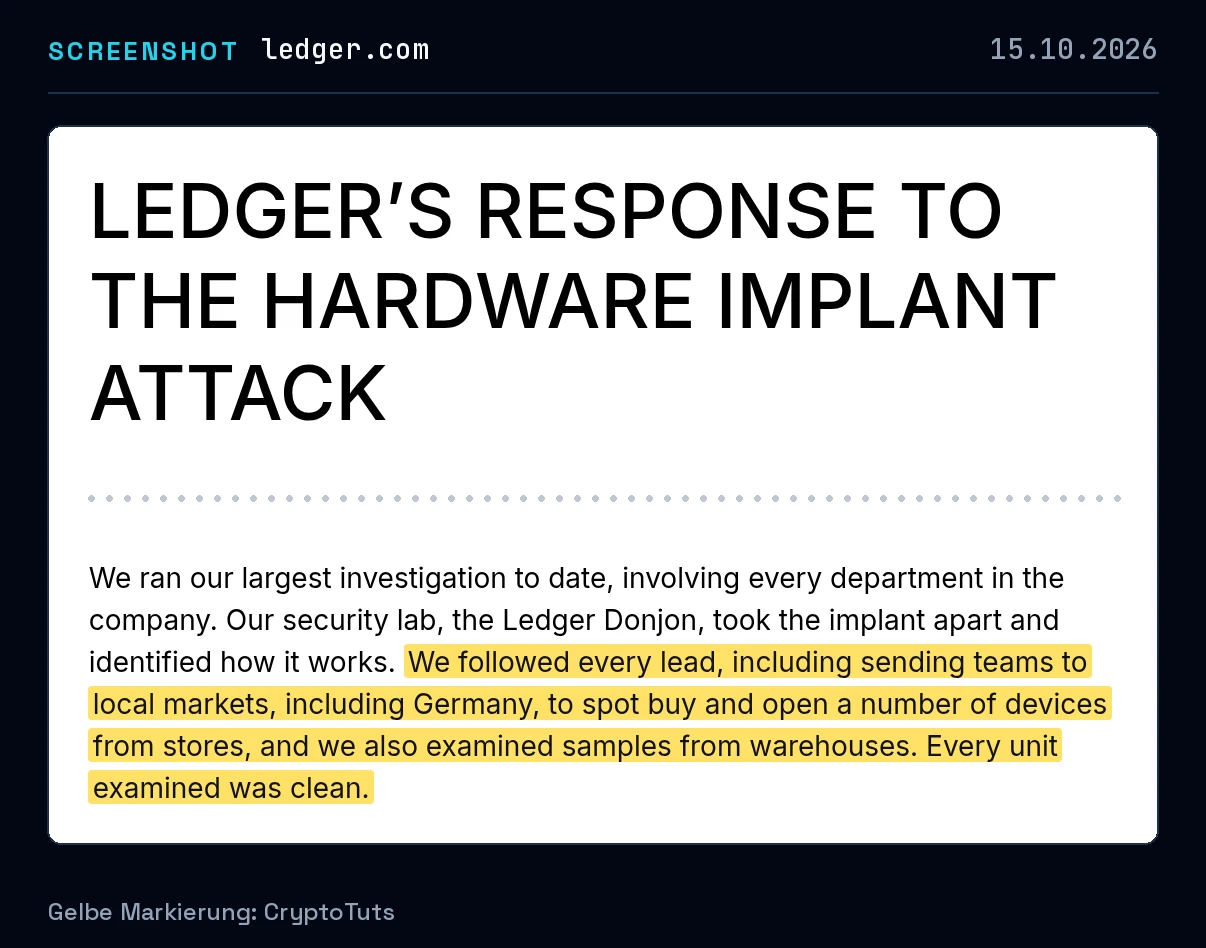 Screenshot der Blogbeitrag von Ledger mit gelb markierter Passage: „We followed every lead, including sending teams to local markets, including Germany, to spot buy and open a number of devices from stores, and we also …“