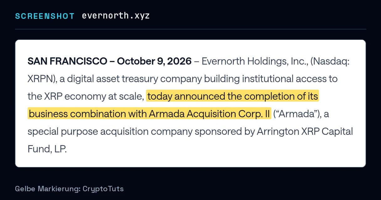 Screenshot der Pressemitteilung von Evernorth mit gelb markierter Passage: „today announced the completion of its business combination with Armada Acquisition Corp. II“