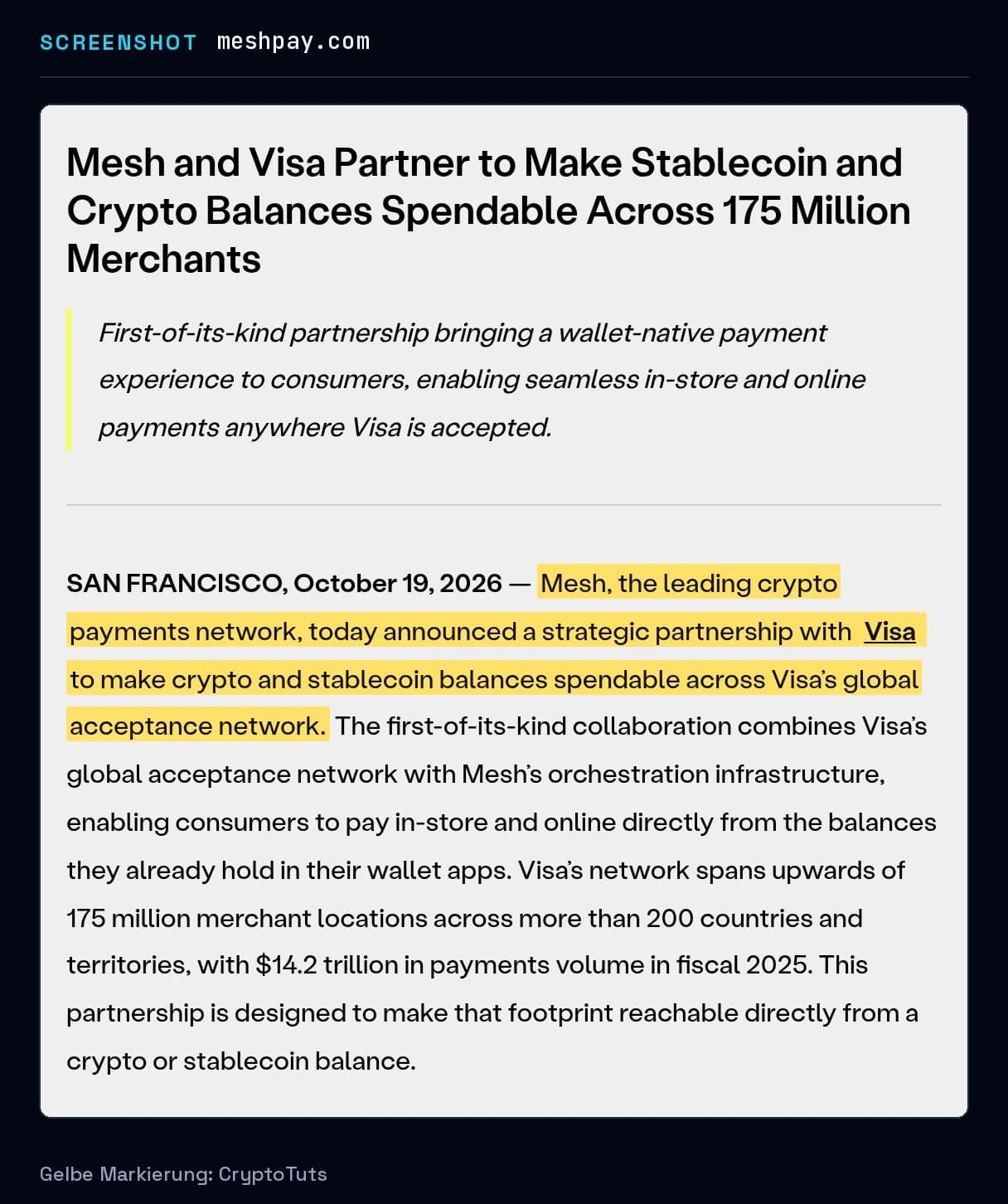 Screenshot der Pressemitteilung von Mesh mit gelb markierter Passage: „Mesh, the leading crypto payments network, today announced a strategic partnership with Visa to make crypto and stablecoin balances spendable across Visa’s …“