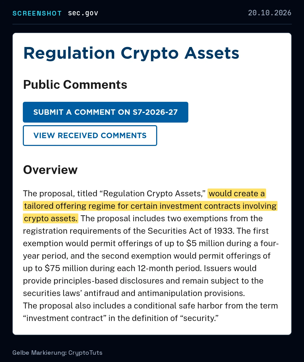 Screenshot der Mitteilung von U.S. Securities and Exchange Commission mit gelb markierter Passage: „would create a tailored offering regime for certain investment contracts involving crypto assets.“