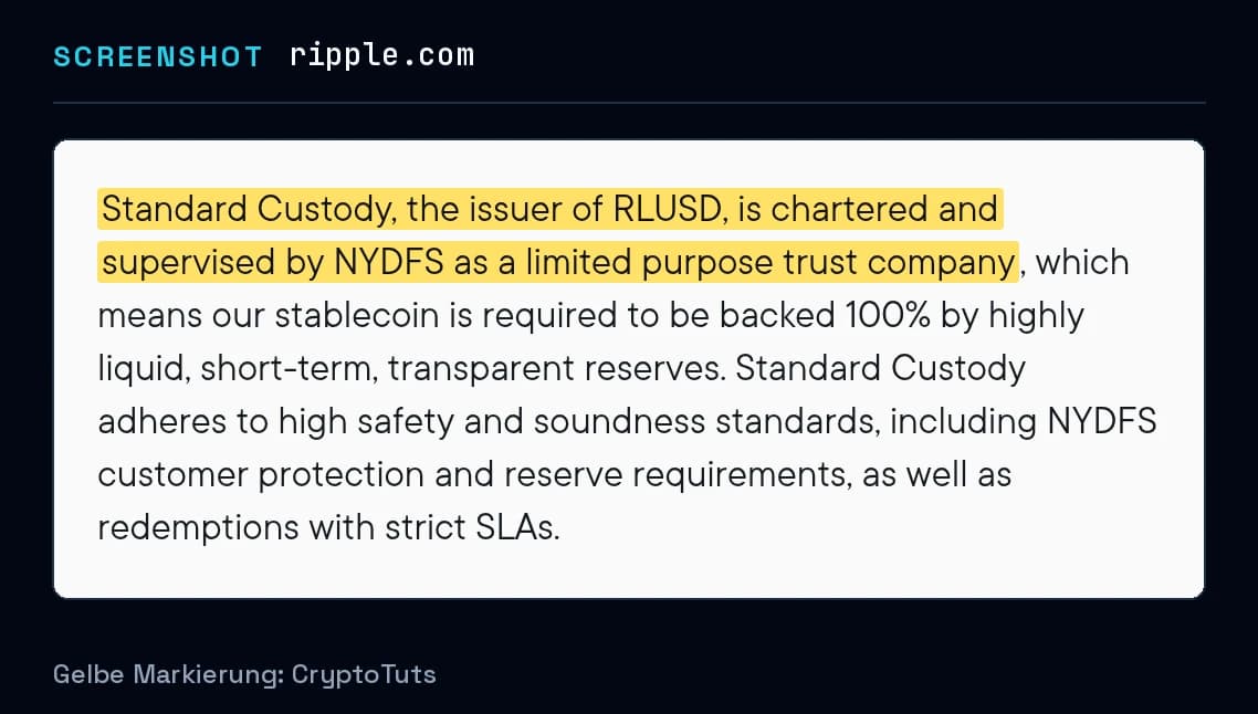 Screenshot der Mitteilung von Ripple mit gelb markierter Passage: „Standard Custody, the issuer of RLUSD, is chartered and supervised by NYDFS as a limited purpose trust company“