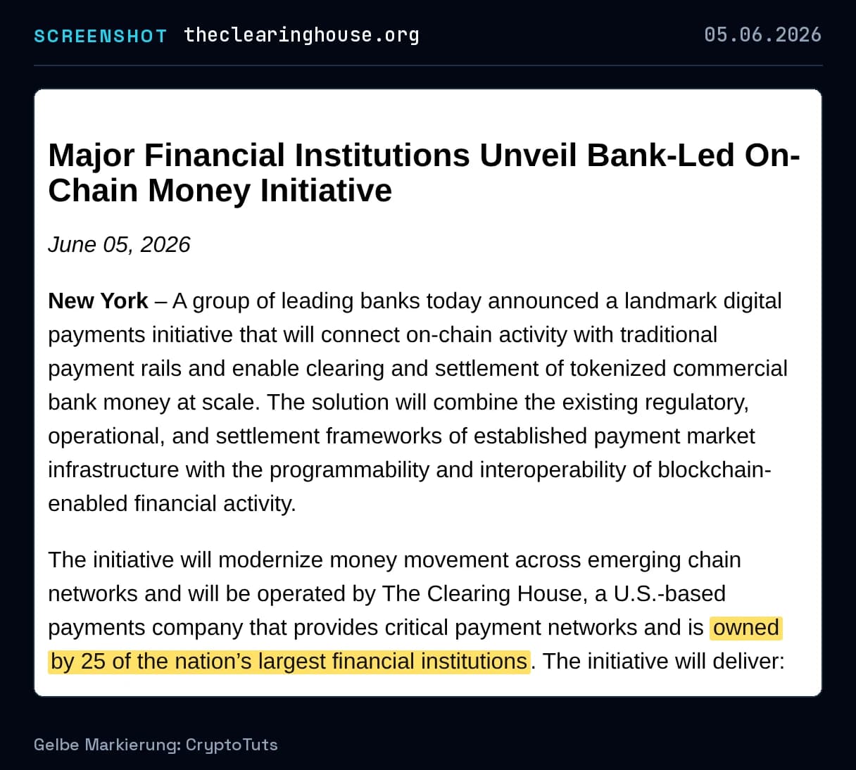 Screenshot der Pressemitteilung von The Clearing House mit gelb markierter Passage: „owned by 25 of the nation’s largest financial institutions“
