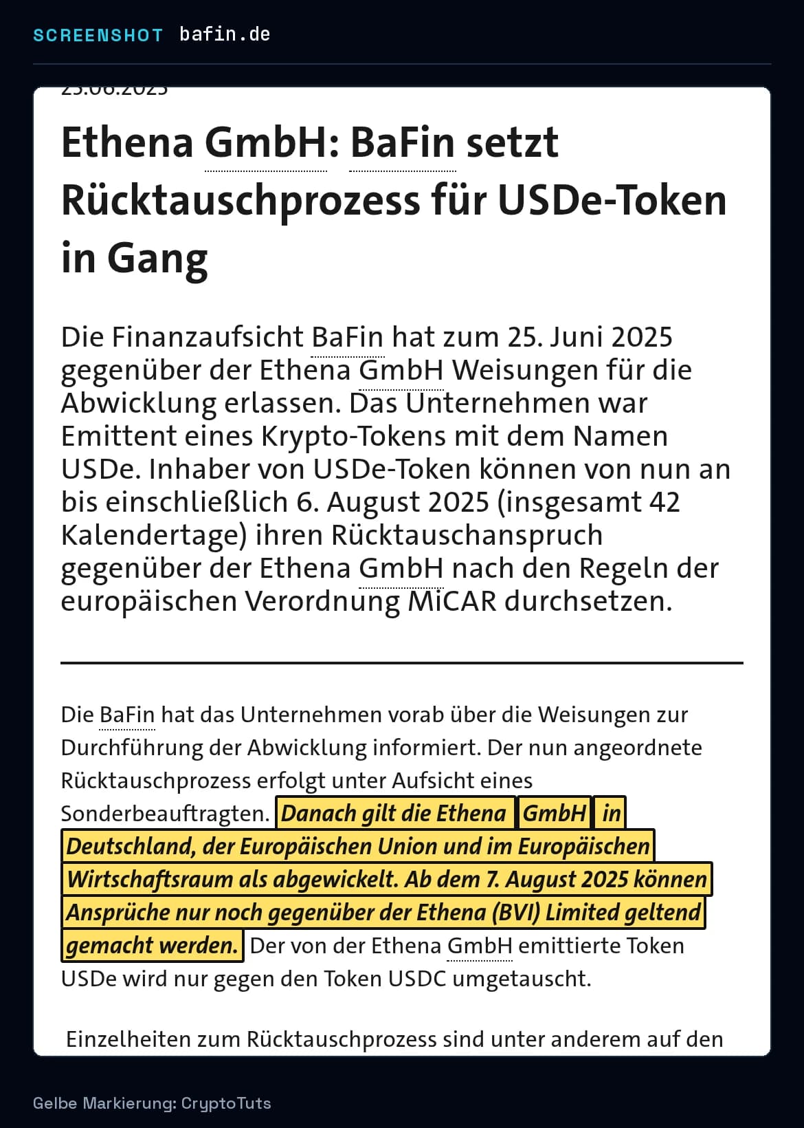 Screenshot der Mitteilung von BaFin mit gelb markierter Passage: „Danach gilt die Ethena GmbH in Deutschland, der Europäischen Union und im Europäischen Wirtschaftsraum als abgewickelt. Ab dem 7. August 2025 können …“