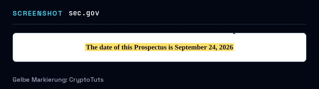 Screenshot der Prospekt von U.S. Securities and Exchange Commission (EDGAR) mit gelb markierter Passage: „The date of this Prospectus is September 24, 2026“