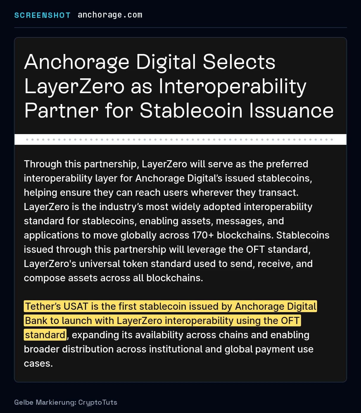 Screenshot der Pressemitteilung von Anchorage Digital mit gelb markierter Passage: „Tether’s USAT is the first stablecoin issued by Anchorage Digital Bank to launch with LayerZero interoperability using the OFT standard“