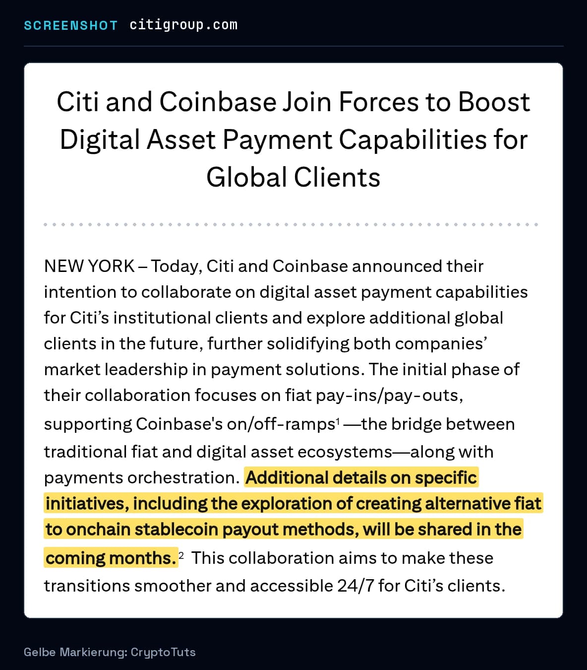 Screenshot der Pressemitteilung von Citi mit gelb markierter Passage: „Additional details on specific initiatives, including the exploration of creating alternative fiat to onchain stablecoin payout methods, will be shared in …“