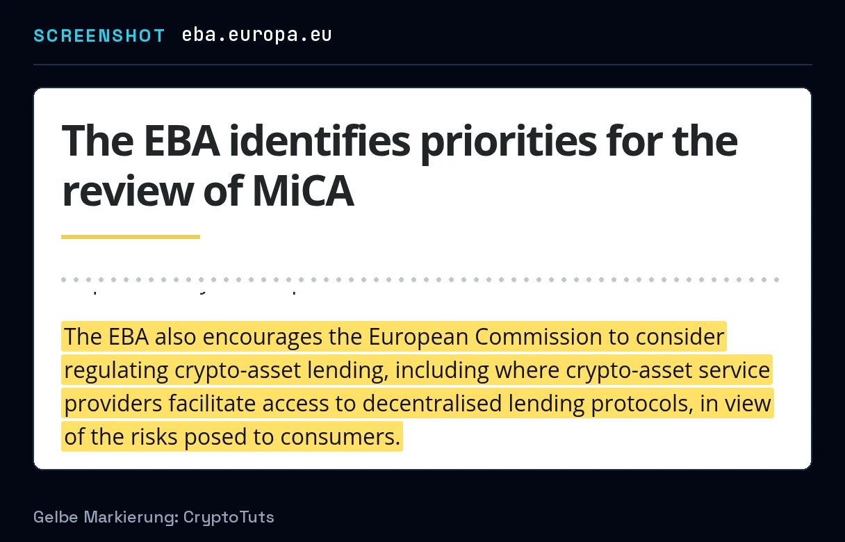 Screenshot der Pressemitteilung von European Banking Authority mit gelb markierter Passage: „The EBA also encourages the European Commission to consider regulating crypto-asset lending, including where crypto-asset service providers facilitate …“