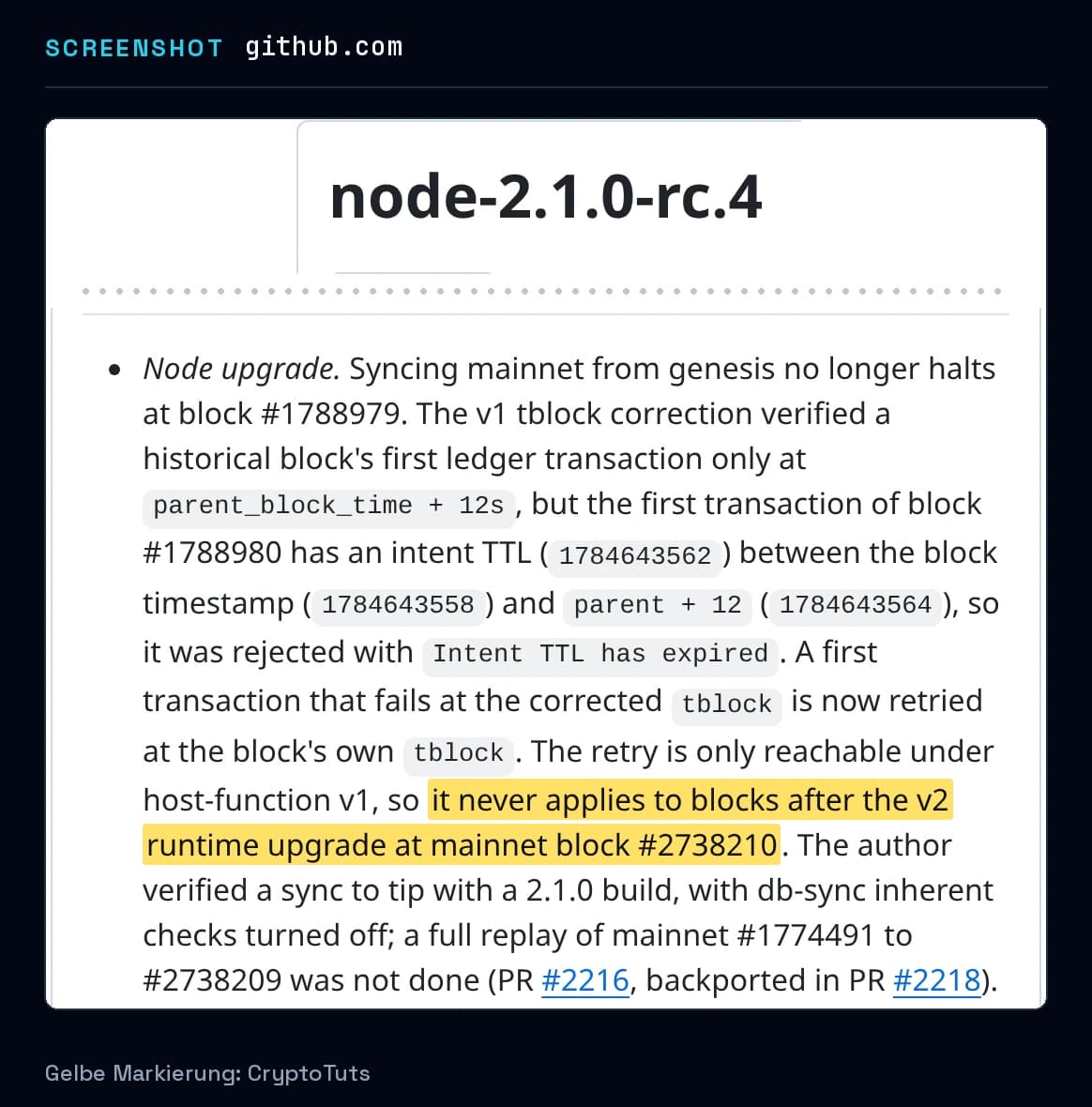 Screenshot der Versionshinweise von midnightntwrk mit gelb markierter Passage: „it never applies to blocks after the v2 runtime upgrade at mainnet block #2738210“