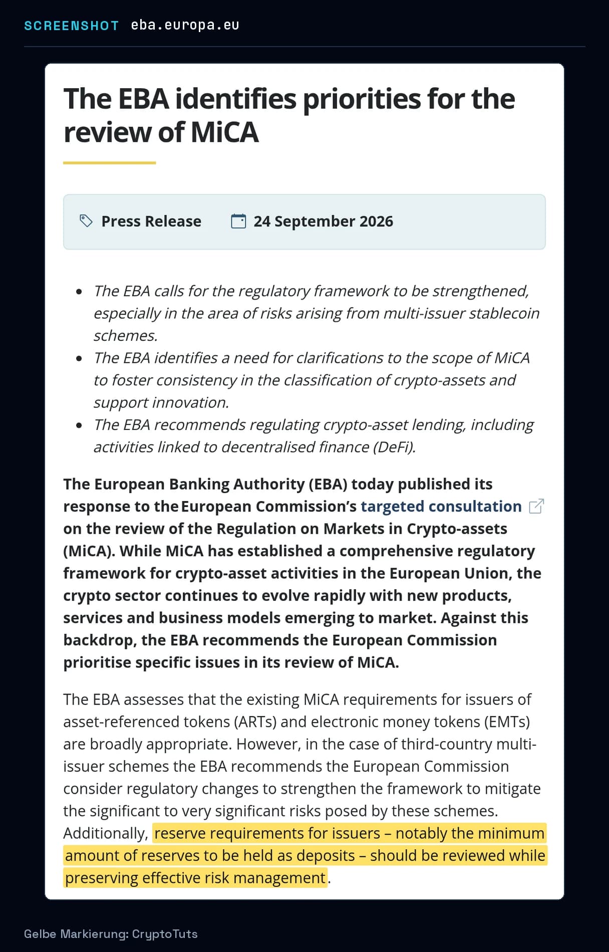 Screenshot der Pressemitteilung von European Banking Authority mit gelb markierter Passage: „reserve requirements for issuers – notably the minimum amount of reserves to be held as deposits – should be reviewed while preserving effective risk management“