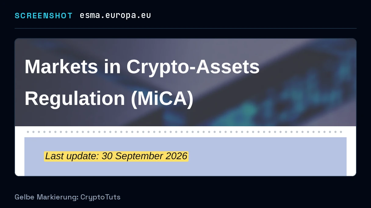 Screenshot der Informationsseite von European Securities and Markets Authority mit gelb markierter Passage: „Last update: 30 September 2026“