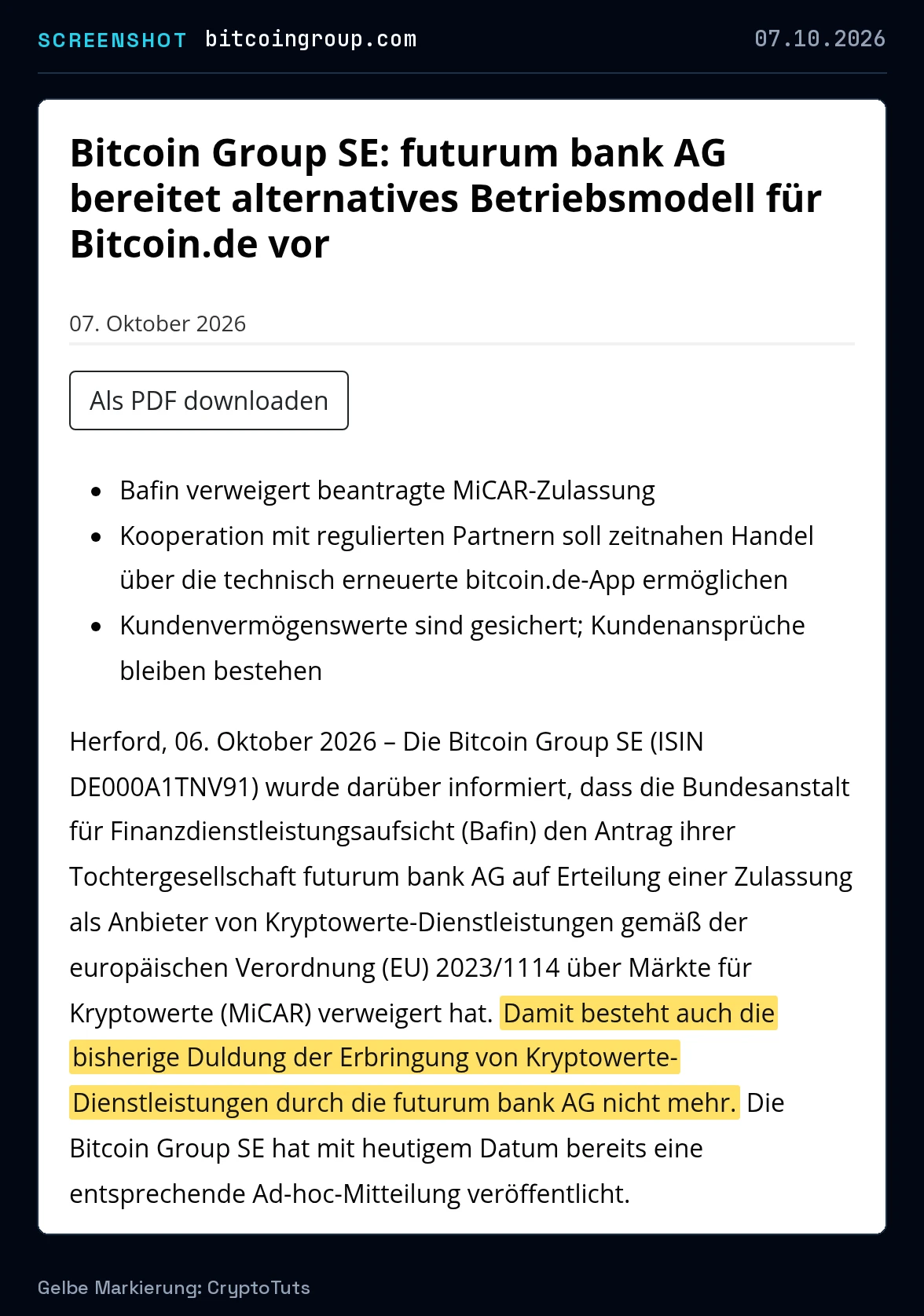 Screenshot der Pressemitteilung von Bitcoin Group SE mit gelb markierter Passage: „Damit besteht auch die bisherige Duldung der Erbringung von Kryptowerte-Dienstleistungen durch die futurum bank AG nicht mehr.“
