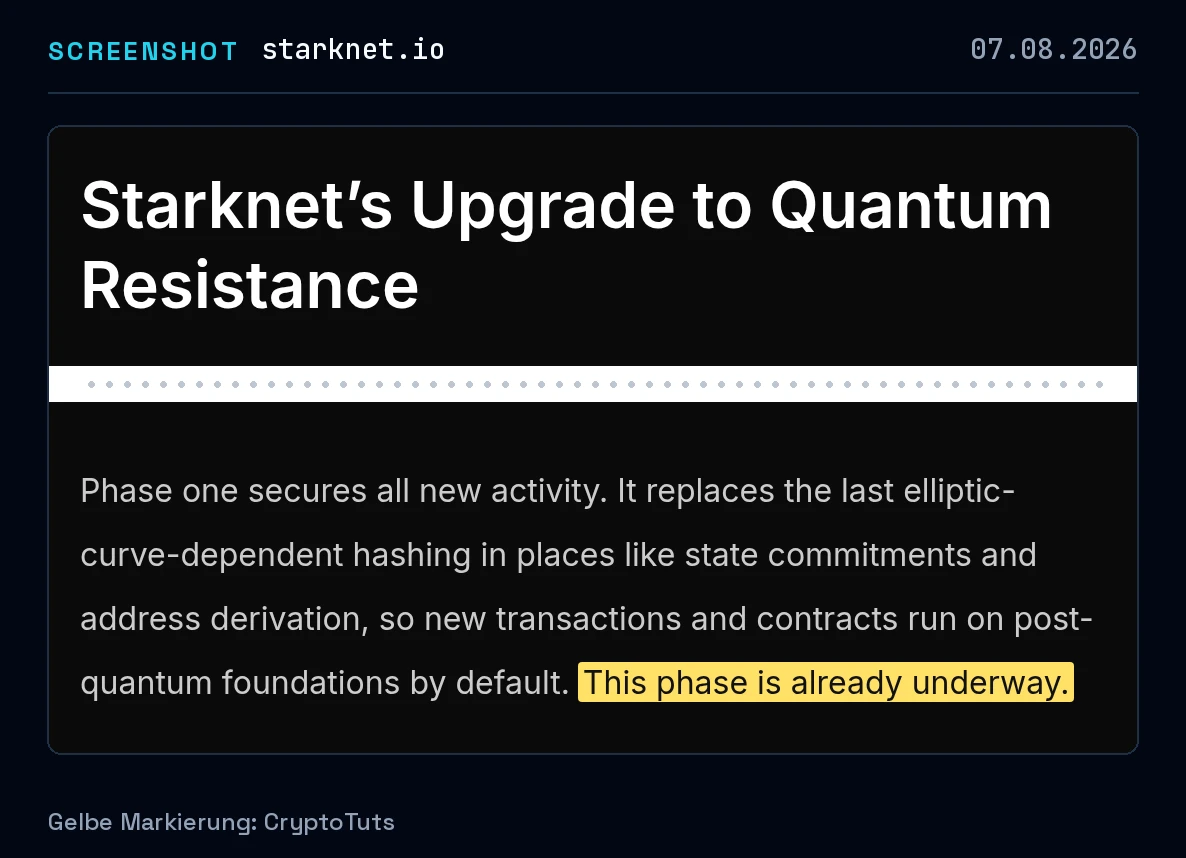 Screenshot der Blogbeitrag von Starknet mit gelb markierter Passage: „This phase is already underway.“