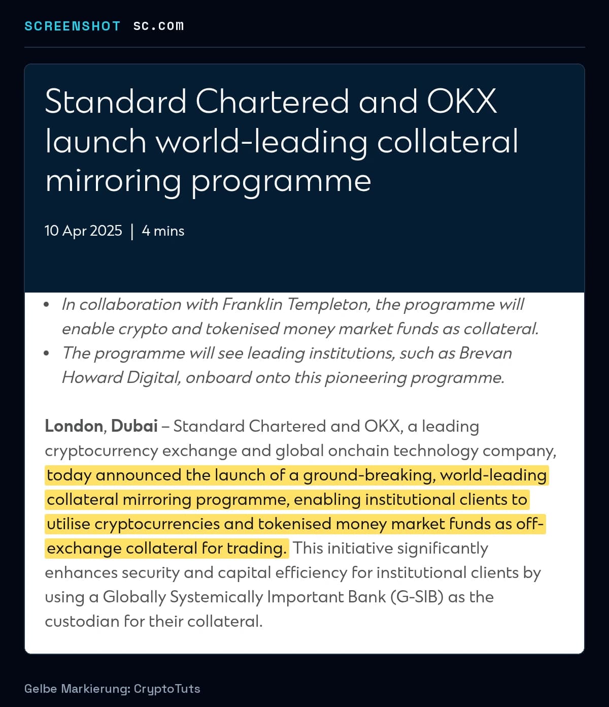 Screenshot der Pressemitteilung von Standard Chartered mit gelb markierter Passage: „today announced the launch of a ground-breaking, world-leading collateral mirroring programme, enabling institutional clients to utilise cryptocurrencies …“