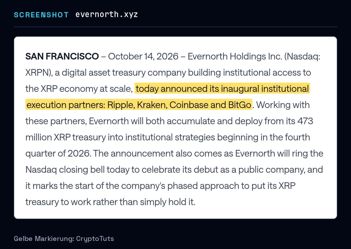 Screenshot der Pressemitteilung von Evernorth mit gelb markierter Passage: „today announced its inaugural institutional execution partners: Ripple, Kraken, Coinbase and BitGo“