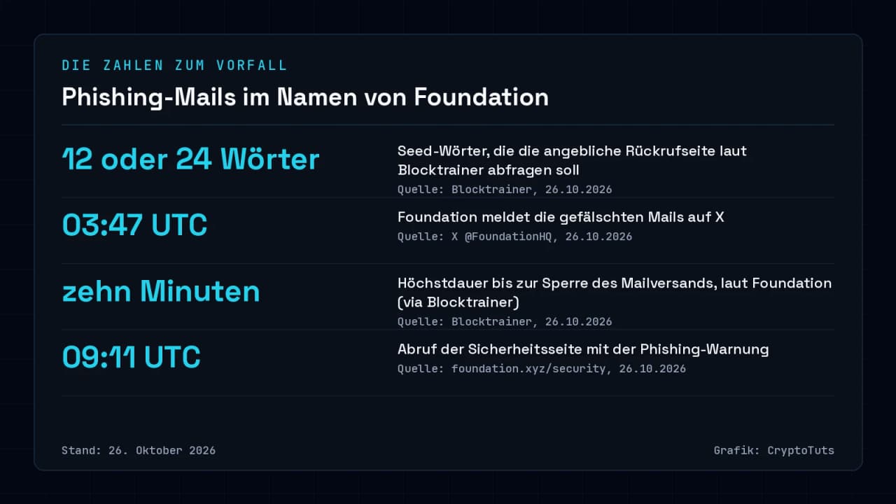 Zahlenkarte zum Foundation-Phishing: 12 oder 24 abgefragte Seed-Wörter, Meldung der Mails auf X um 03:47 UTC, Mailversand laut Foundation binnen zehn Minuten nach den ersten Nutzermeldungen gesperrt, Abruf der Sicherheitsseite um 09:11 UTC. Stand 26. Oktober 2026.