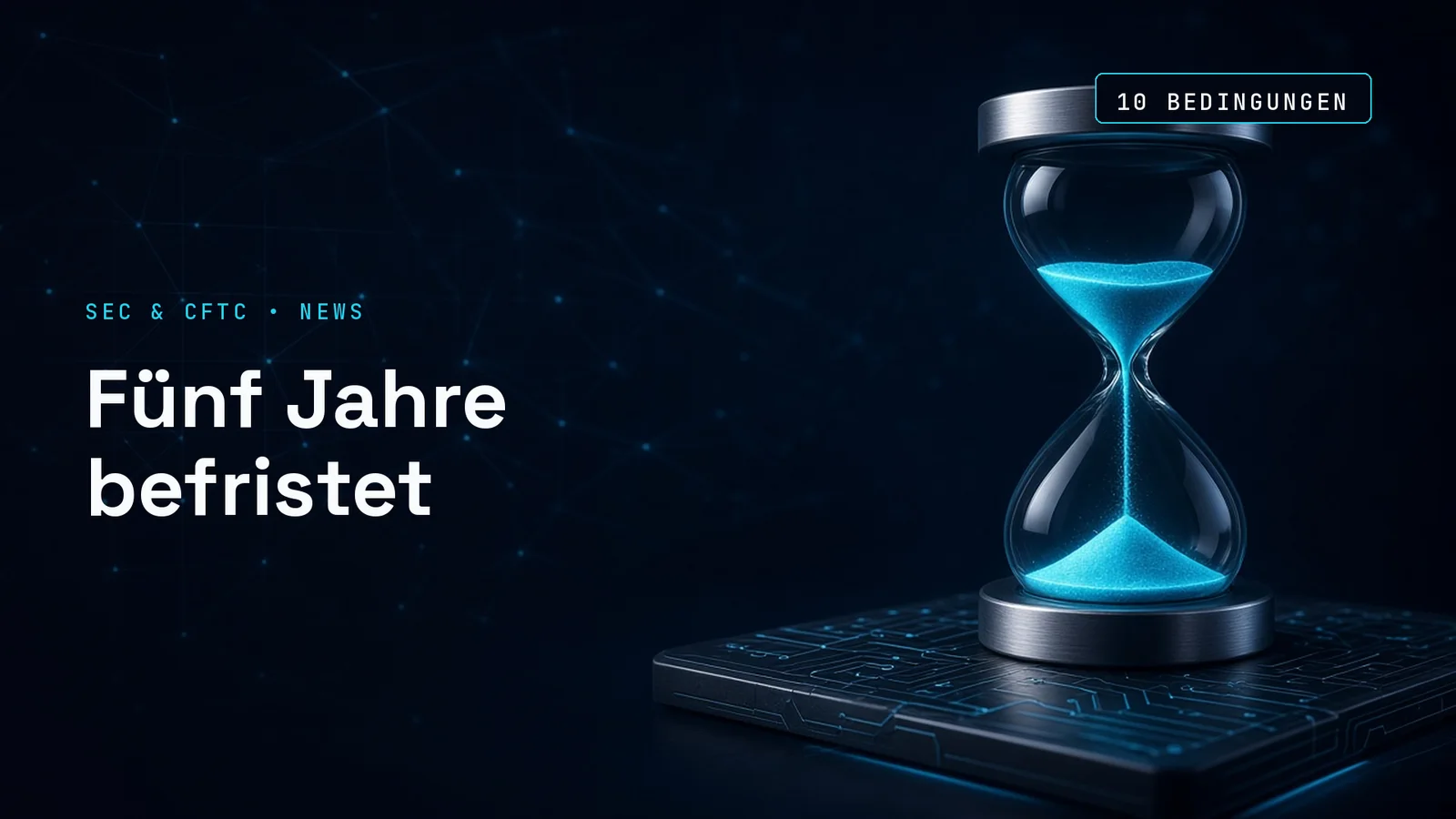 Titelbild mit einer leuchtenden cyanfarbenen Sanduhr rechts vor dunklem Netzwerkhintergrund; links die Kennzeile SEC & CFTC • NEWS und die Schlagzeile Fünf Jahre befristet, rechts oben die Datenmarke 10 Bedingungen.