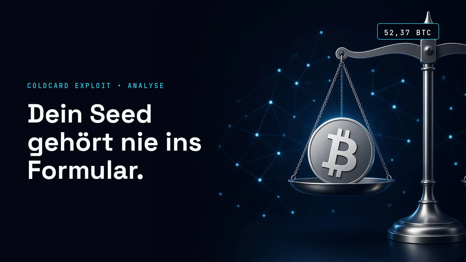 Dunkles Titelbild mit einer silbernen Münze mit dem Zeichen von Bitcoin vor cyanfarbenem Netz; Text im Bild: COLDCARD EXPLOIT • ANALYSE, Dein Seed gehört nie ins Formular.