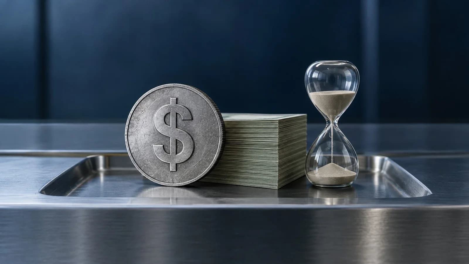 Illustration: Eine silberne Münze mit Dollarzeichen neben einem Stapel Banknoten und einer halb abgelaufenen Sanduhr auf einem Metalltresen