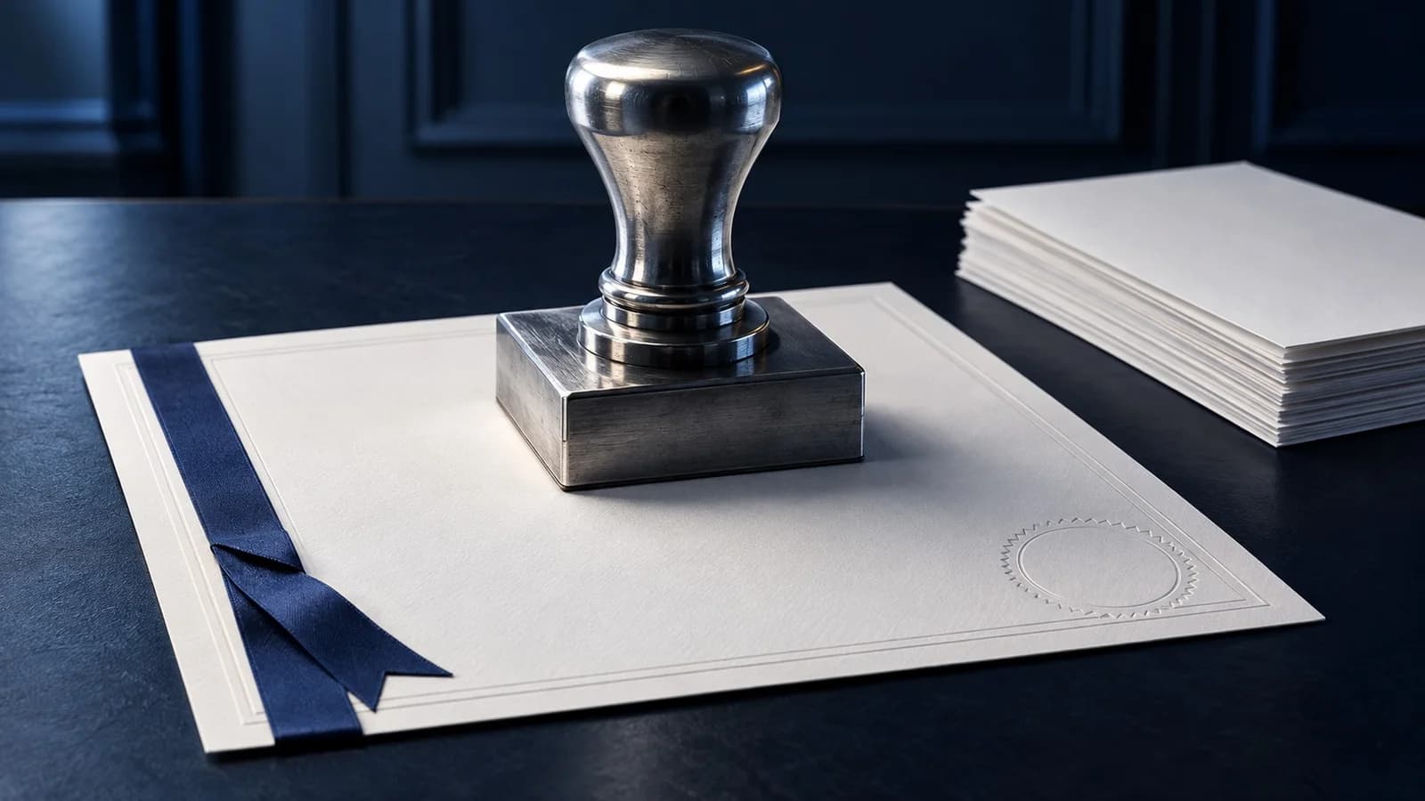 Ersatzszene: ein Stempel drückt auf eine Registrierungsurkunde, daneben ein Tresor mit voll besicherten Kontrakten. Sie zeigt die Zulassung des Coinbase-Clearinghauses durch die CFTC und die volle Besicherung.