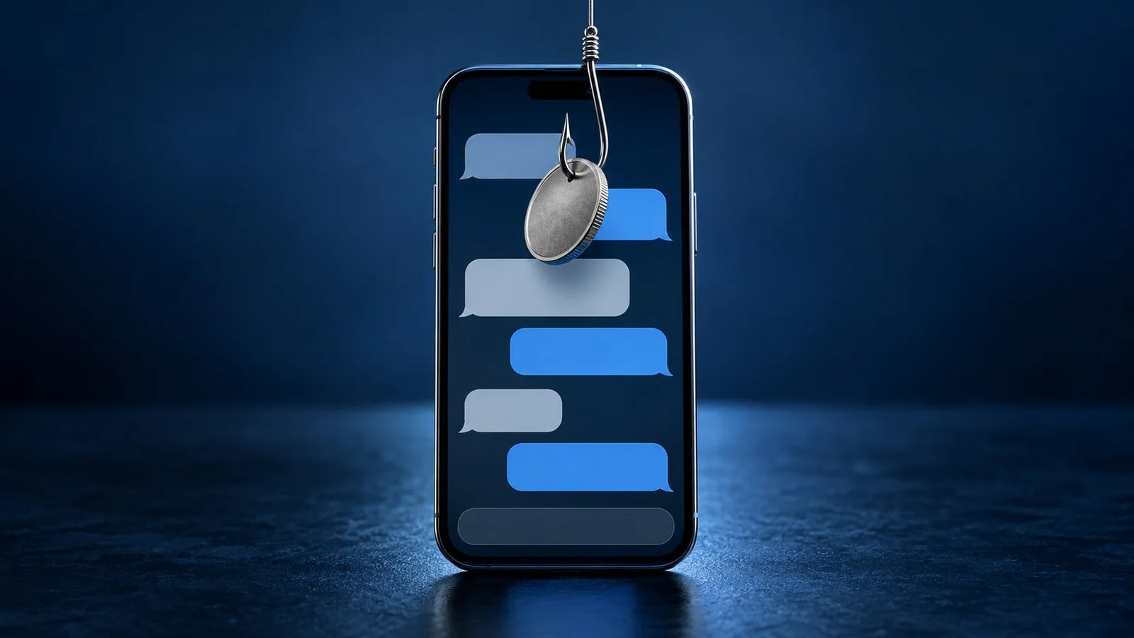 Ein Smartphone mit leeren Chatblasen einer Gruppe, davon hängt ein Angelhaken mit einer silbernen Münze als Köder: der Lockruf angeblicher KI-Profis aus den WhatsApp-Gruppen, vor dem die SEC-Klagen warnen.