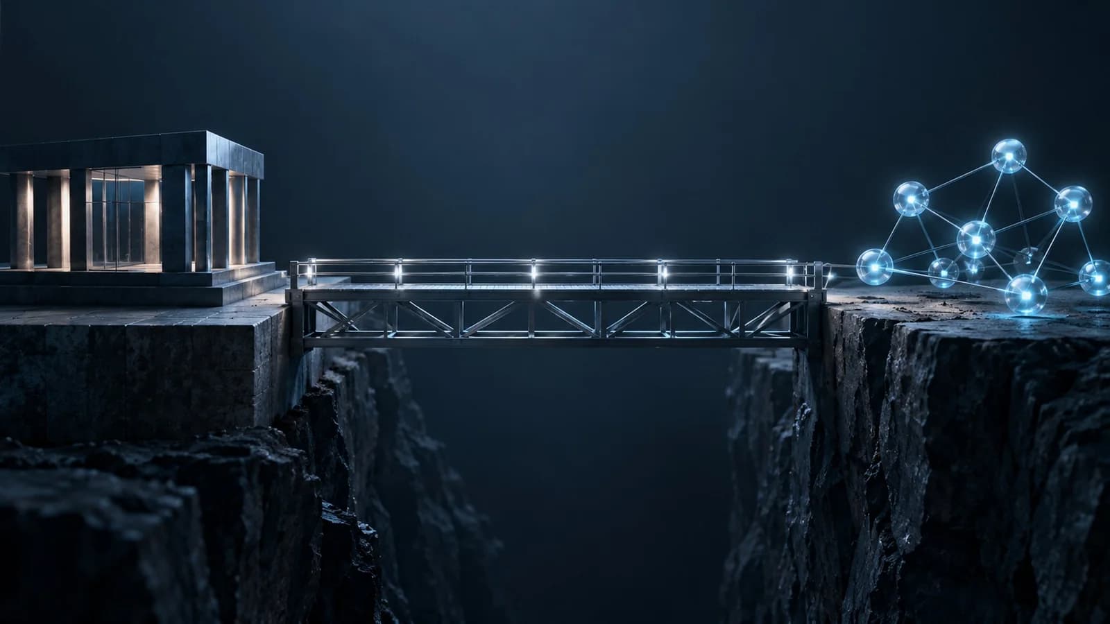 Eine steinerne Brücke aus dunklem Metall verbindet eine Plattform mit einem leuchtenden Netz aus Knoten und steht für den Zugang zu DeFi-Protokollen, den die ESMA als eigenen regulierten Dienst vorschlägt.