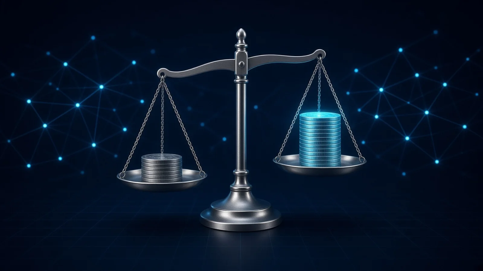 Zwei Münzstapel aus silbernen Token ohne Beschriftung auf einer Waage: ein niedriger Stapel für den heutigen Umlauf, ein höherer mit zusätzlich leuchtenden Token. Sie zeigen, dass der Plan das Angebot erhöht und den Anteil der Halter verkleinert.