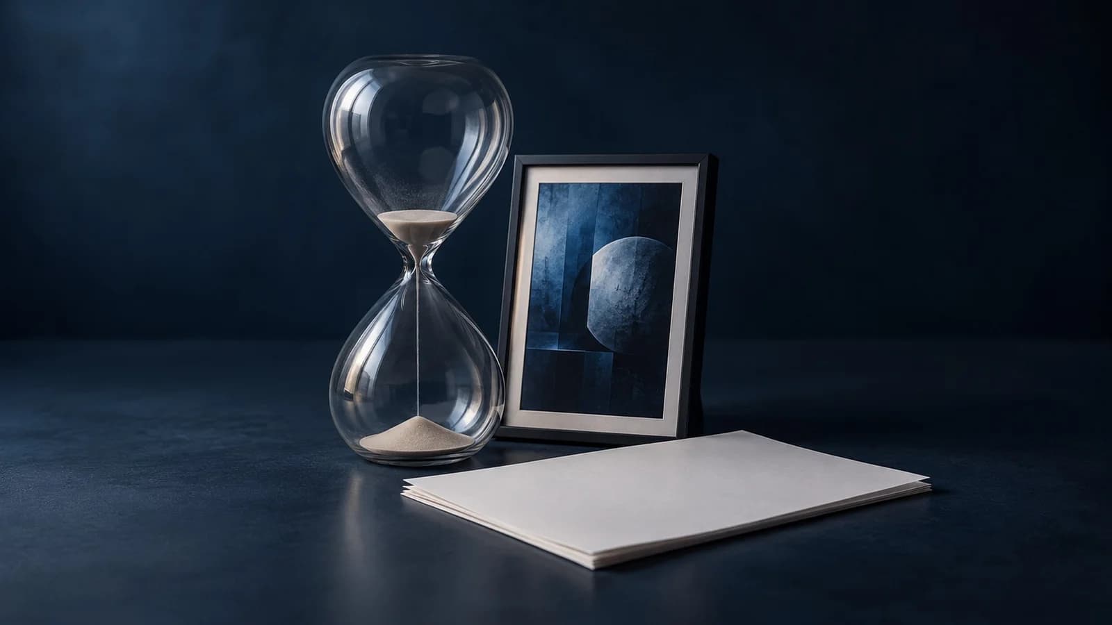 Eine gläserne Sanduhr, deren Sand fast durchgelaufen ist, davor ein gerahmtes digitales Kunstwerk als Pfand und ein Kreditvertrag: die Frist für Blend-Kredite bei Blur.