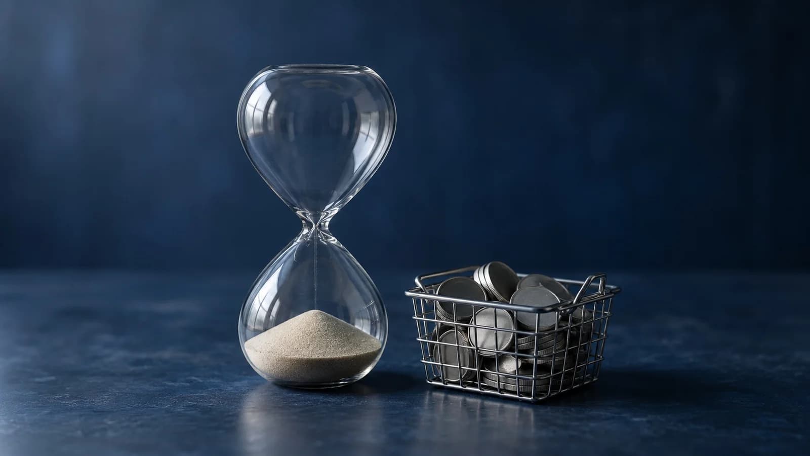Eine Sanduhr, deren Sand durchgelaufen ist, neben einem Korb aus verschiedenen silbernen Münzen, die für die gestrichene Wartefrist und die Optionen auf Krypto-Körbe stehen.