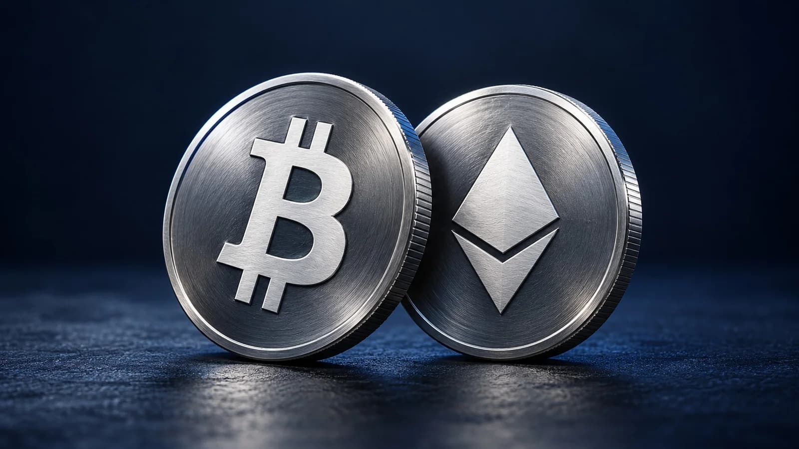 Illustration: silberne Münzen mit den Zeichen von Bitcoin und Ethereum
